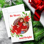 Merry & Bright Christmas Poinsettia Family Photo Holiday Postcard<br><div class="desc">A beautiful red poinsettia floral with holly leaf encircles your cute family photo above Merry Christmas. Bright and cheerful kids photograph holiday postcards with pretty flowers and leaves around your square picture. Festive postcards.</div>