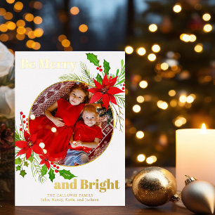 Merry & Bright Christmas Poinsettia Photo Gold