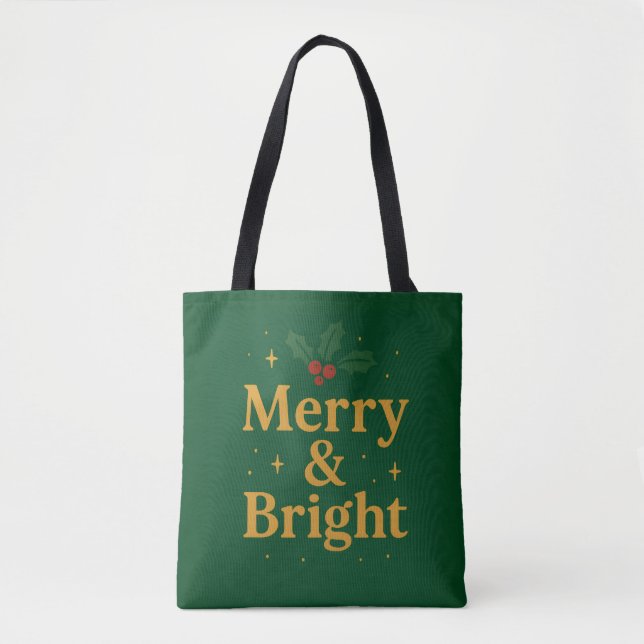 Merry & Bright Christmas Quote Tote Bag (Front)