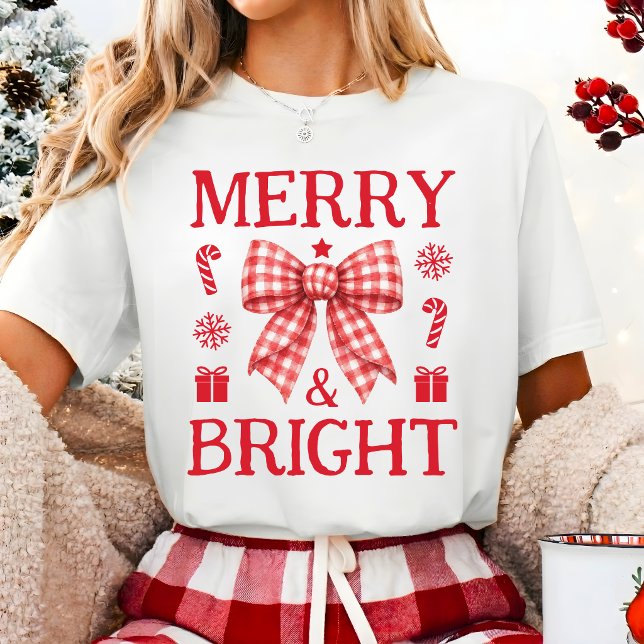 Merry & Bright Christmas Red Gingham Bow Shirt (Creator Uploaded)