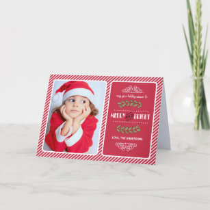 Merry & Bright Christmas. Red Stripe Pattern Photo Holiday Card