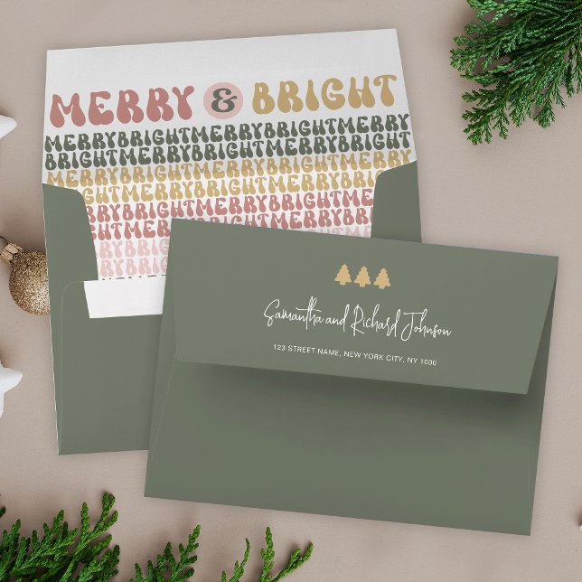 Merry & Bright Christmas Retro Colourful Groovy Fu Envelope (Colorful and fun Christmas envelope design with space for your name and a retro typography pattern)