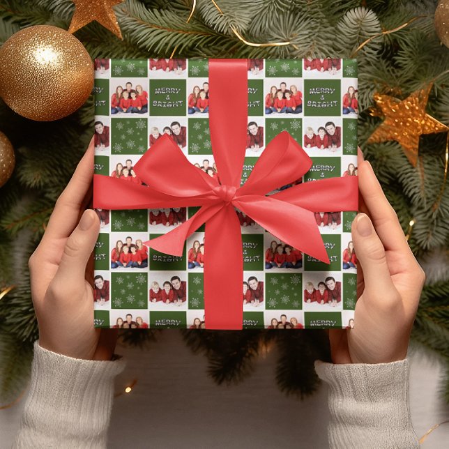 Merry & Bright Christmas Snowflake Photo Green Wrapping Paper Sheet (Creator Uploaded)