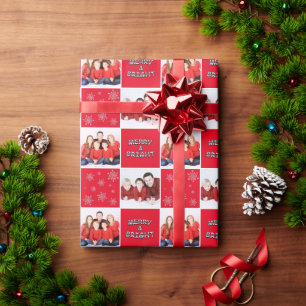 Merry & Bright Christmas Snowflake Photo Red Wrapping Paper