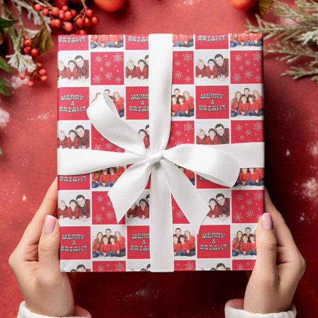 Merry & Bright Christmas Snowflake Photo Red Wrapping Paper Sheet (Creator Uploaded)