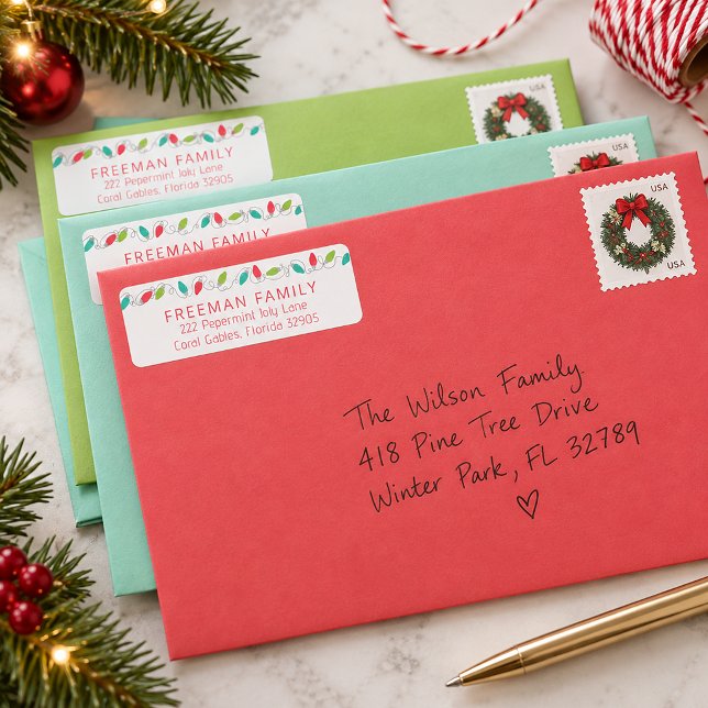 Merry & Bright Christmas String Lights (Festive Holiday Envelope Label)