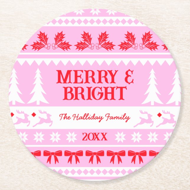 Merry & Bright Christmas Sweater Pink and Red Round Paper Coaster (Front)