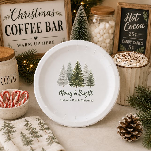 Merry & Bright Christmas Trees  Paper Plate (Pine trees-Merry and Bright-family name paper plates )
