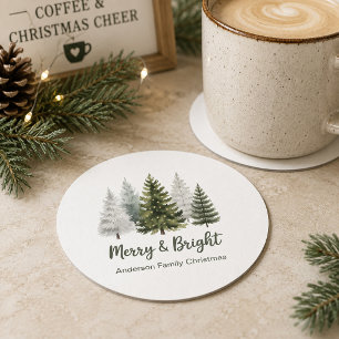 Merry & Bright Christmas Trees Round Paper Coaster