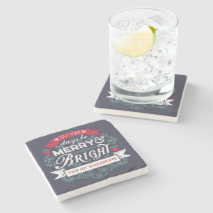 Merry & Bright Christmas Typography Custom Banner Stone Coaster