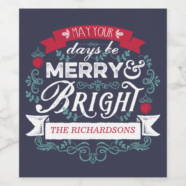 Merry & Bright Christmas Typography Custom Banner Wine Label (Single Label)