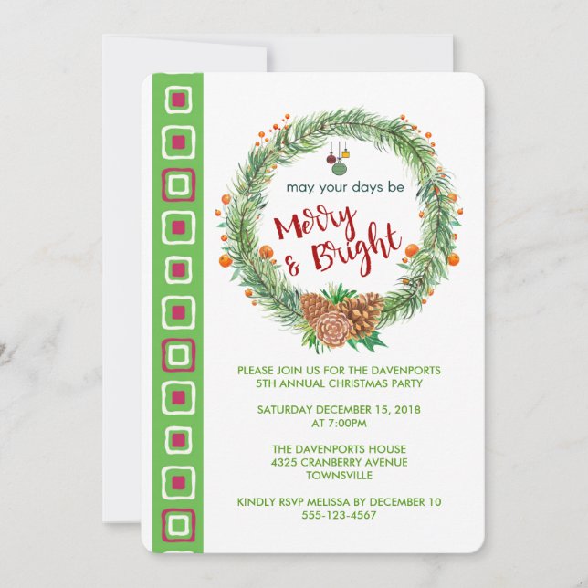 Merry & Bright Christmas Wreath Party Invite (Front)