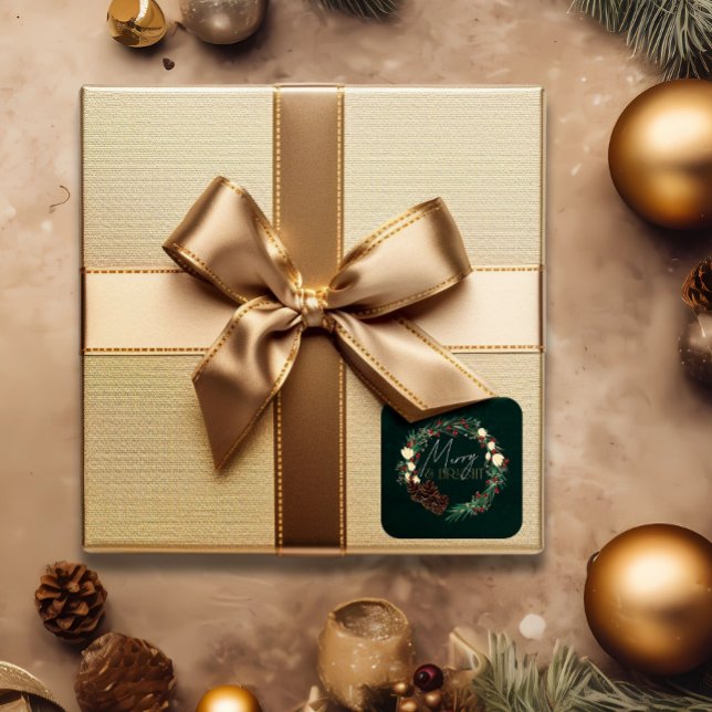 Merry & Bright Christmas Wreath Pine Cone Holiday  Square Sticker (Creator Uploaded)