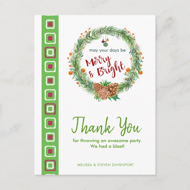 Merry & Bright Christmas Wreath Thank You Postcard (Front)
