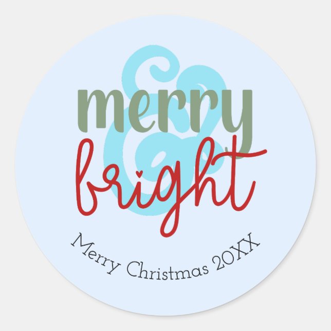 Merry & Bright Christmas Year Cute Blue Classic Round Sticker (Front)