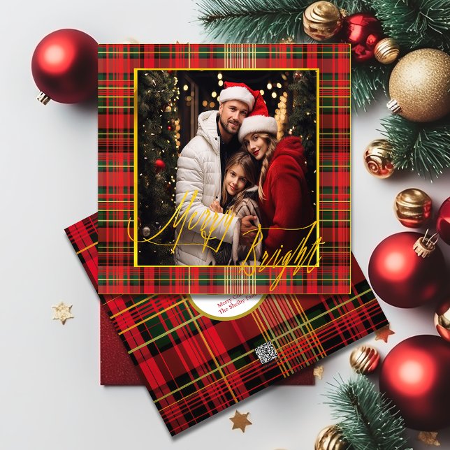 'Merry & Bright' Classic Plaid Red and Green Photo Holiday Card (Cherished Moments Tartan Photo Greeting Card - Red, Green, and Gold 'Merry & Bright' Design)
