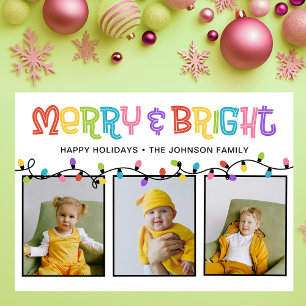 Merry & Bright Colourful 3 Photo Holiday Card