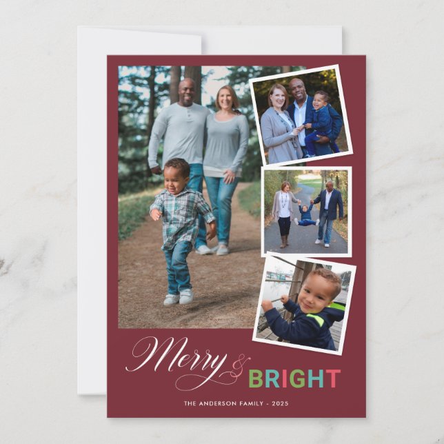 Merry & Bright Colourful 4 Photo Christmas Holiday Card (Front)
