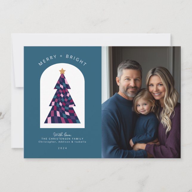 Merry Bright Colourful Bold Christmas Tree Photo Holiday Card (Front)