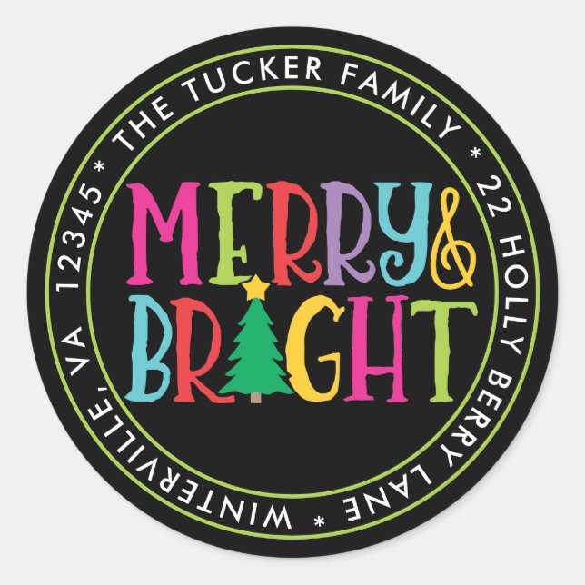 Merry & Bright Colourful Christmas Address Label (Front)