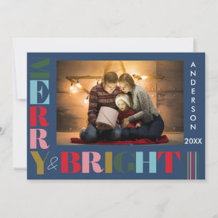 Merry & Bright Colourful Christmas Photo Navy blu Holiday Card