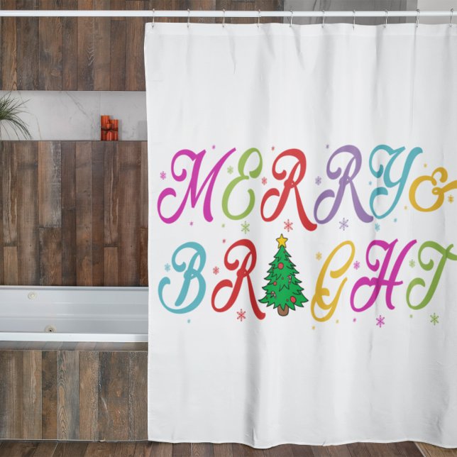 Merry & Bright Colourful Christmas Tree Festive Shower Curtain (Creator Uploaded)
