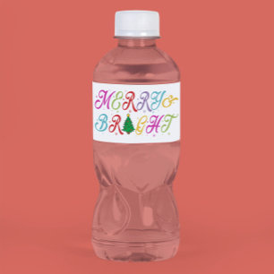 Merry & Bright Colourful Christmas Tree Festive Water Bottle Label