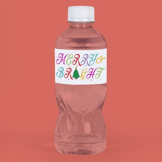 Merry & Bright Colourful Christmas Tree Festive Water Bottle Label (Creator Uploaded)