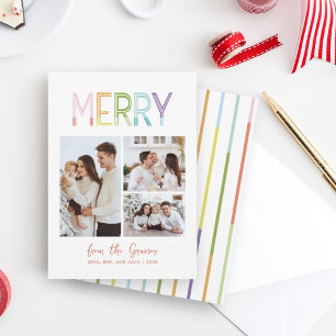 Merry bright colourful fun three photo christmas holiday card