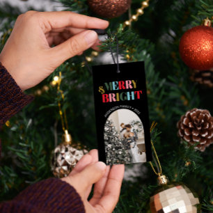 Merry & Bright Colourful RetroChristmas Photo Blac Gift Tags
