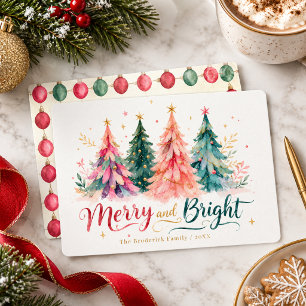 Merry & Bright Colourful Watercolor Christmas Tree Holiday Card