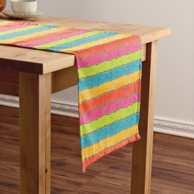 Merry Bright Colours Glittery Stripes Short Table Runner (In Situ)