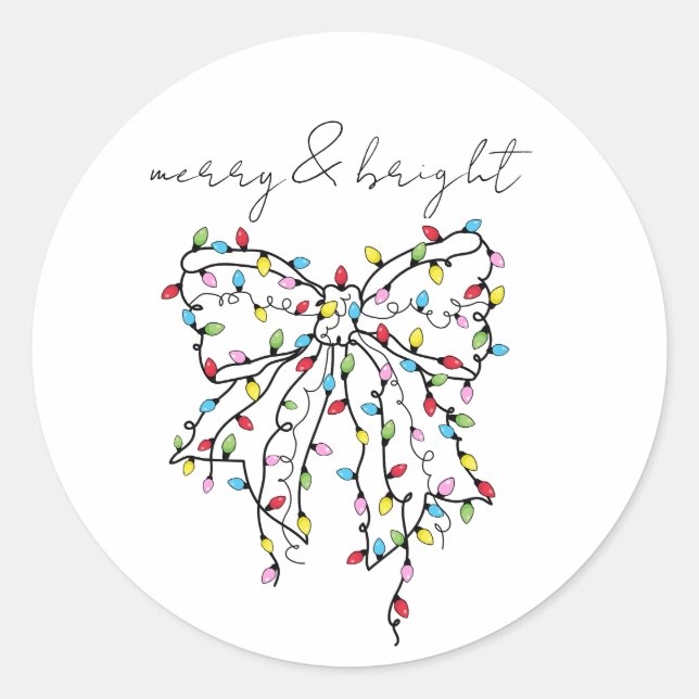 Merry & Bright Coquette Christmas Lights Bow Classic Round Sticker (Front)