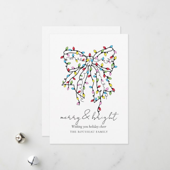Merry & Bright Coquette Christmas Lights Bow Holiday Card (Front/Back In Situ)