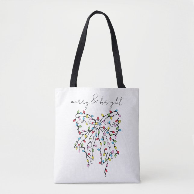 Merry & Bright Coquette Christmas Lights Bow Tote Bag (Front)
