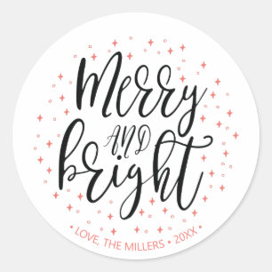 Merry & Bright Coral Christmas Holiday Gift Classic Round Sticker