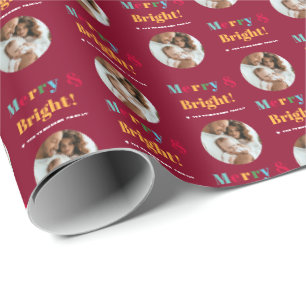 Merry & Bright Custom Family Photo Christmas Red Wrapping Paper