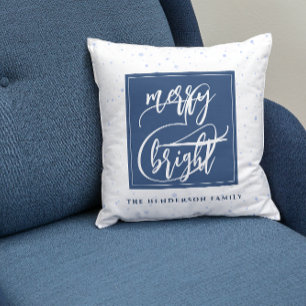 Merry & Bright   Custom Name   Blue Snowflakes Cushion