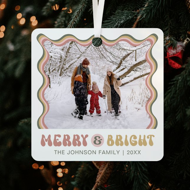 Merry & Bright Cute Christmas Photo Retro Colourfu Metal Tree Decoration (Trendy and chic Family Photo Christmas ornament with retro fonts and fun colors)
