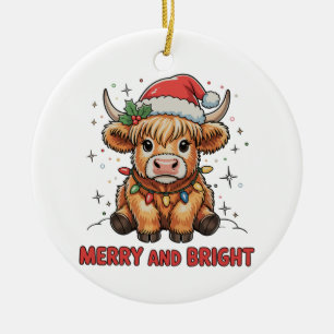 Merry & Bright Cute Highland Baby Cow Christmas Ceramic Tree Decoration