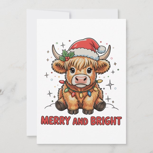 Merry & Bright Cute Highland Baby Cow Christmas Holiday Card (Front)