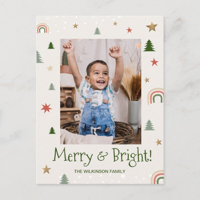 Merry Bright Cute Modern Family photo Christmas Holiday Postcard (Front)