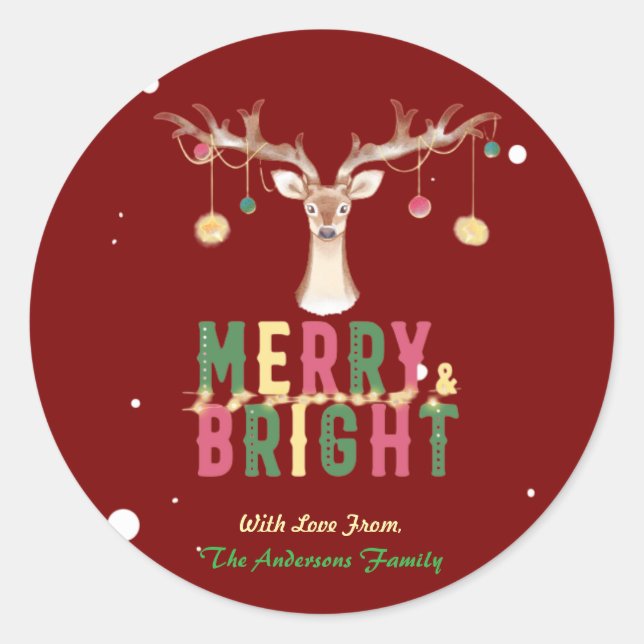 Merry & Bright Cute Reindeer Christmas Ornaments  Classic Round Sticker (Front)