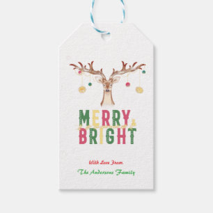 Merry & Bright Cute Reindeer Christmas Ornaments Gift Tags