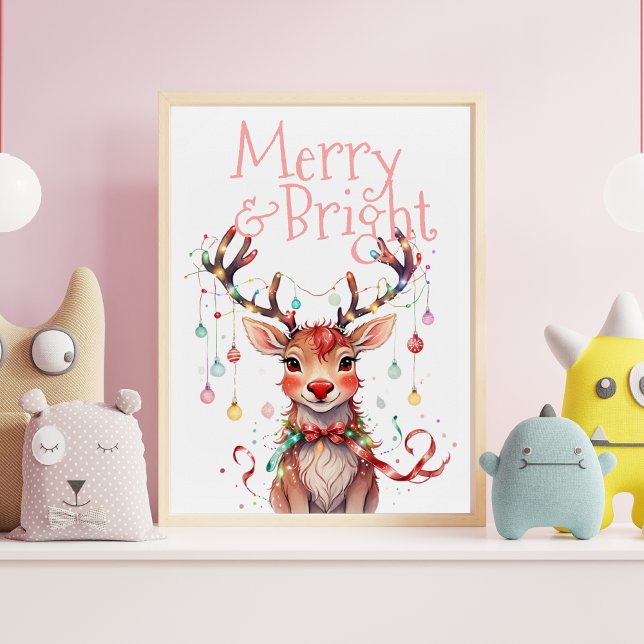 Merry & Bright Cute Reindeer Holiday Festive Light Poster (Creator Uploaded)