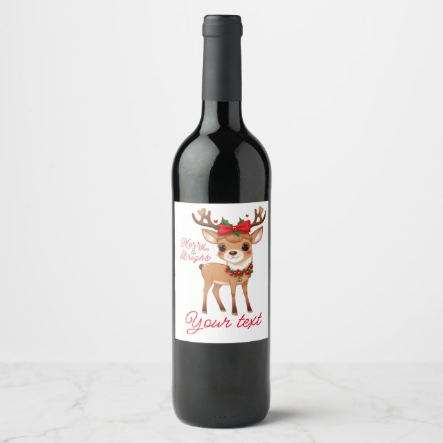 Merry&Bright Cute Reindeer  Wine Label (Front)