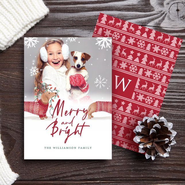 Merry & Bright | Dachshund Christmas Sweater Photo Holiday Card (Merry & Bright | Dachshund Christmas Sweater Photo Holiday Card)