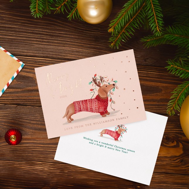 Merry & Bright | Dachshund Dog Christmas Sweater (Merry & Bright | Dachshund Dog Christmas Sweater Foil Holiday Card)