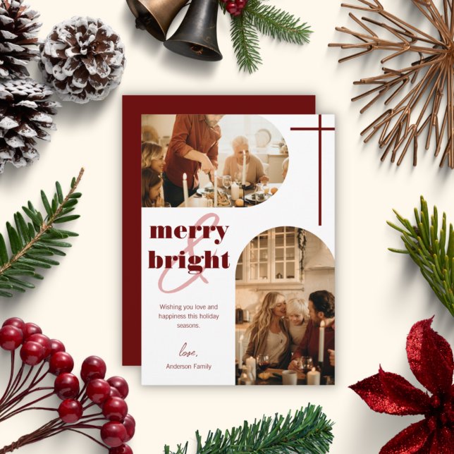 Merry & Bright Dual Arch Family Christmas Photo Holiday Card (Creator Uploaded)