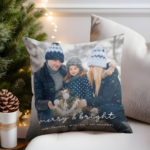 Merry & Bright Elegant Christmas Family Photo Cushion